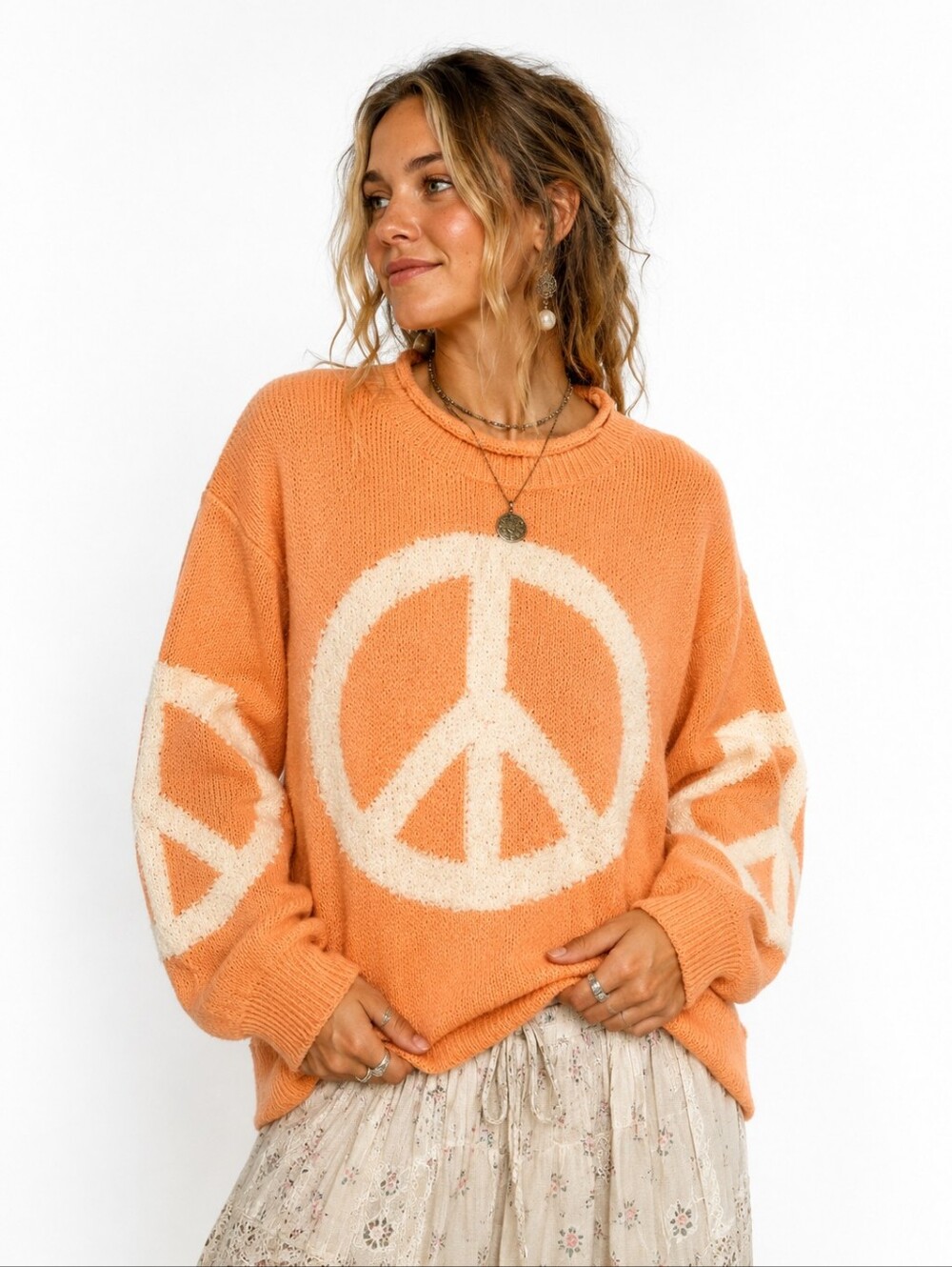 Orange Peace Sign Cozy Knit Sweater | Soft Stretchy Boho Oversized Pullover
